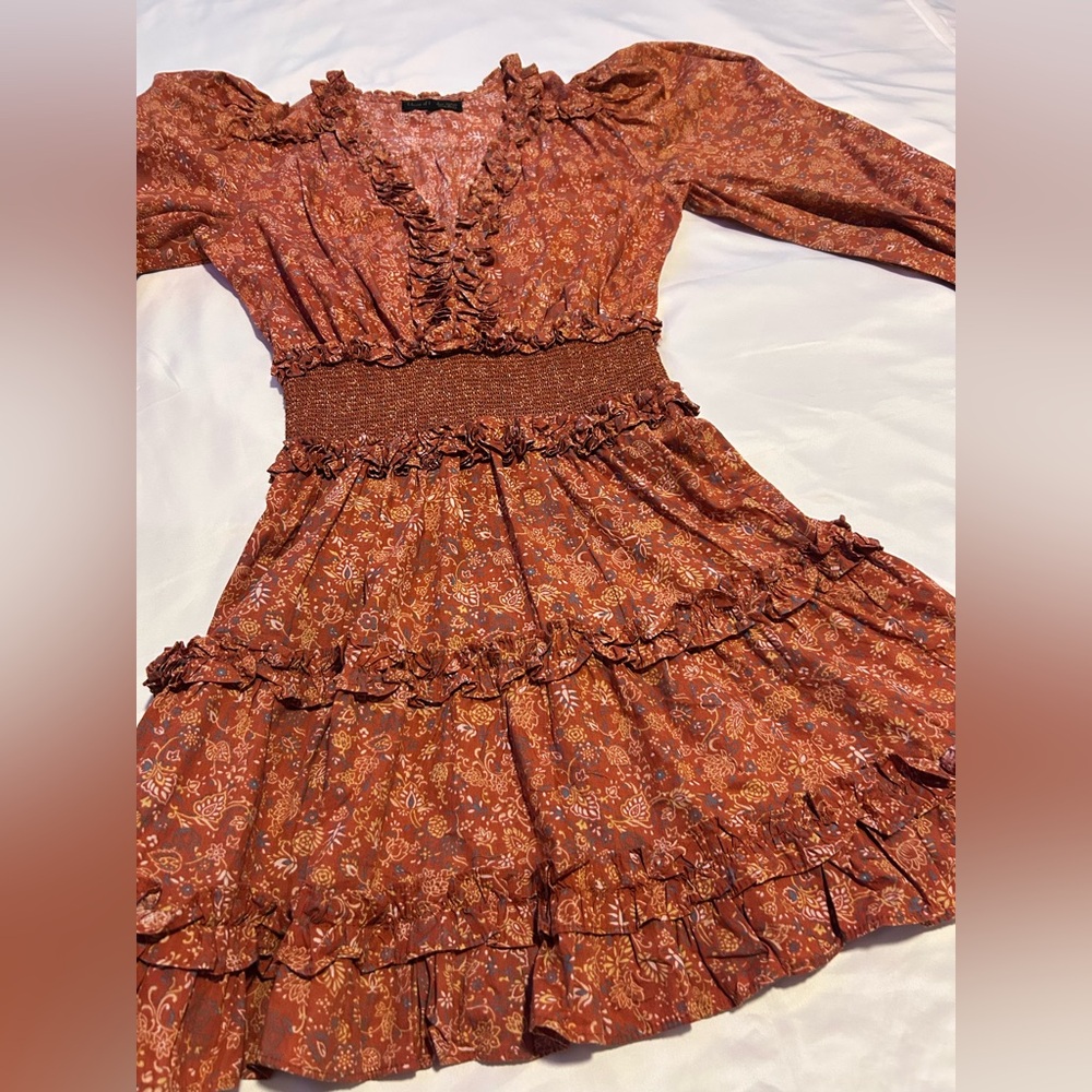 House of Harlow 1960 Rust Floral Ruffle Long Sleeve Mini Dress - Picture 2 of 6